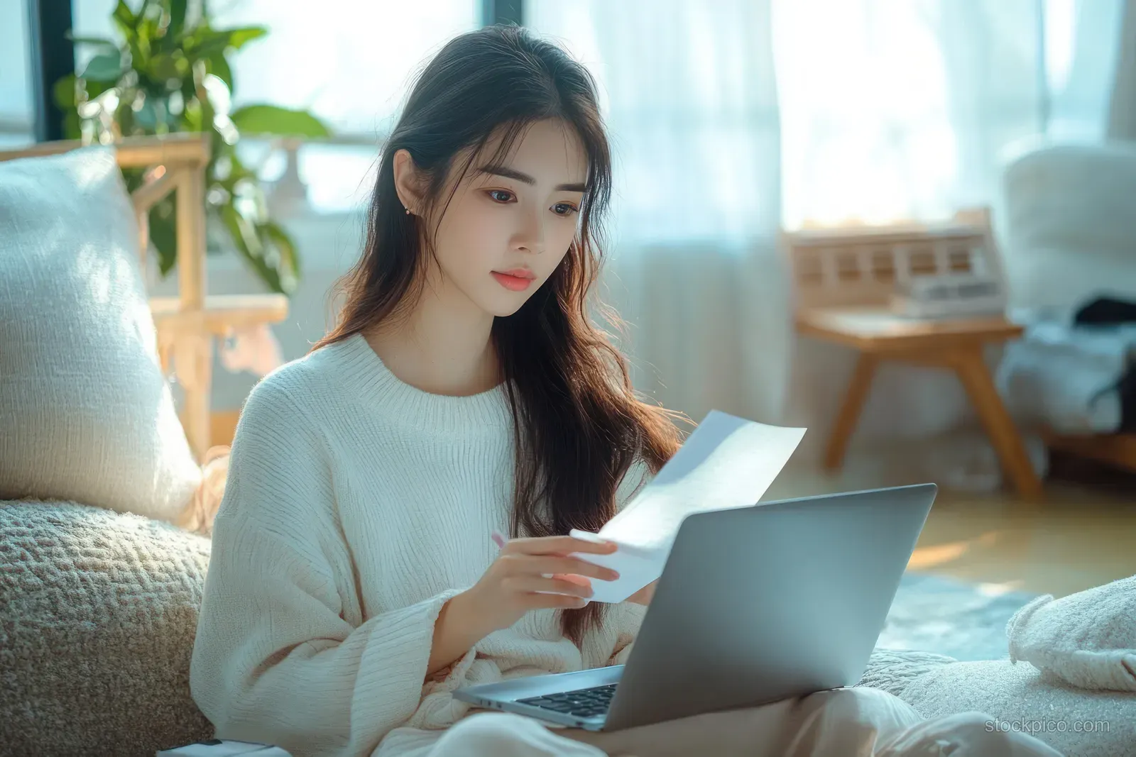 A young woman sits on a sofa reading papers while working on a laptop in a sunlit living room.