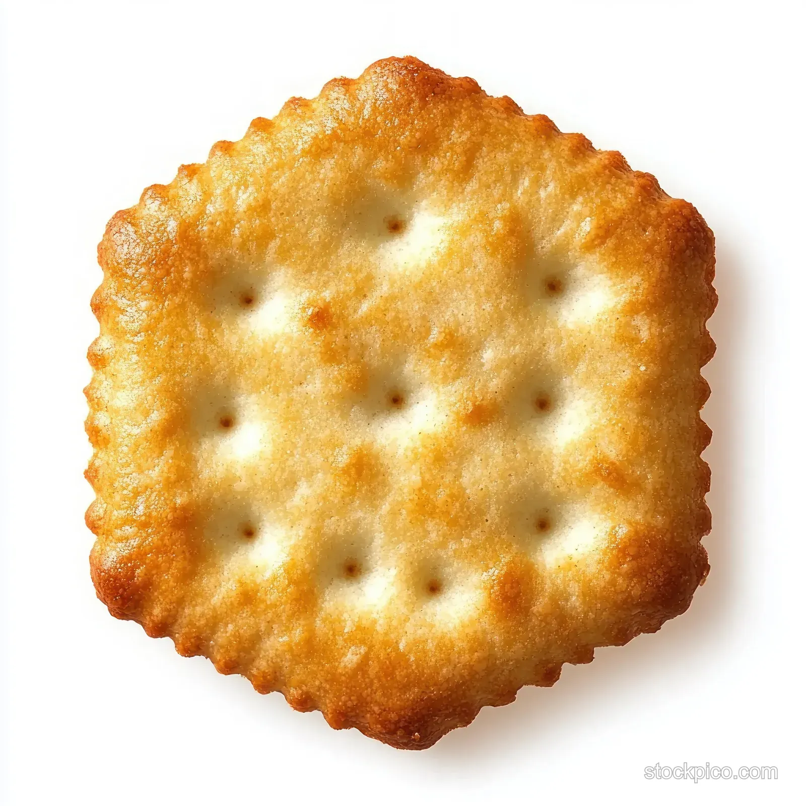 Golden brown hexagonal cracker with scalloped edges and evenly spaced holes on a white background.