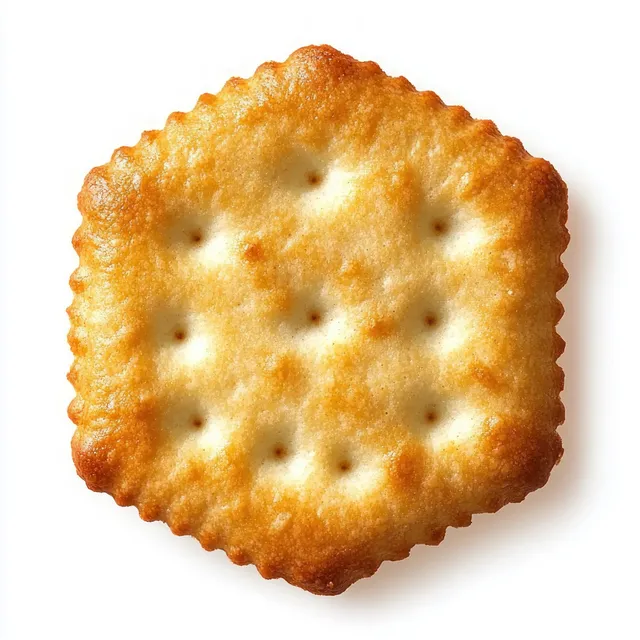 Golden brown hexagonal cracker with scalloped edges and evenly spaced holes on a white background.