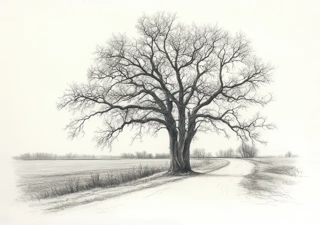 Monochrome ink drawing of a leafless winter tree beside empty train tracks across a rural landscape.