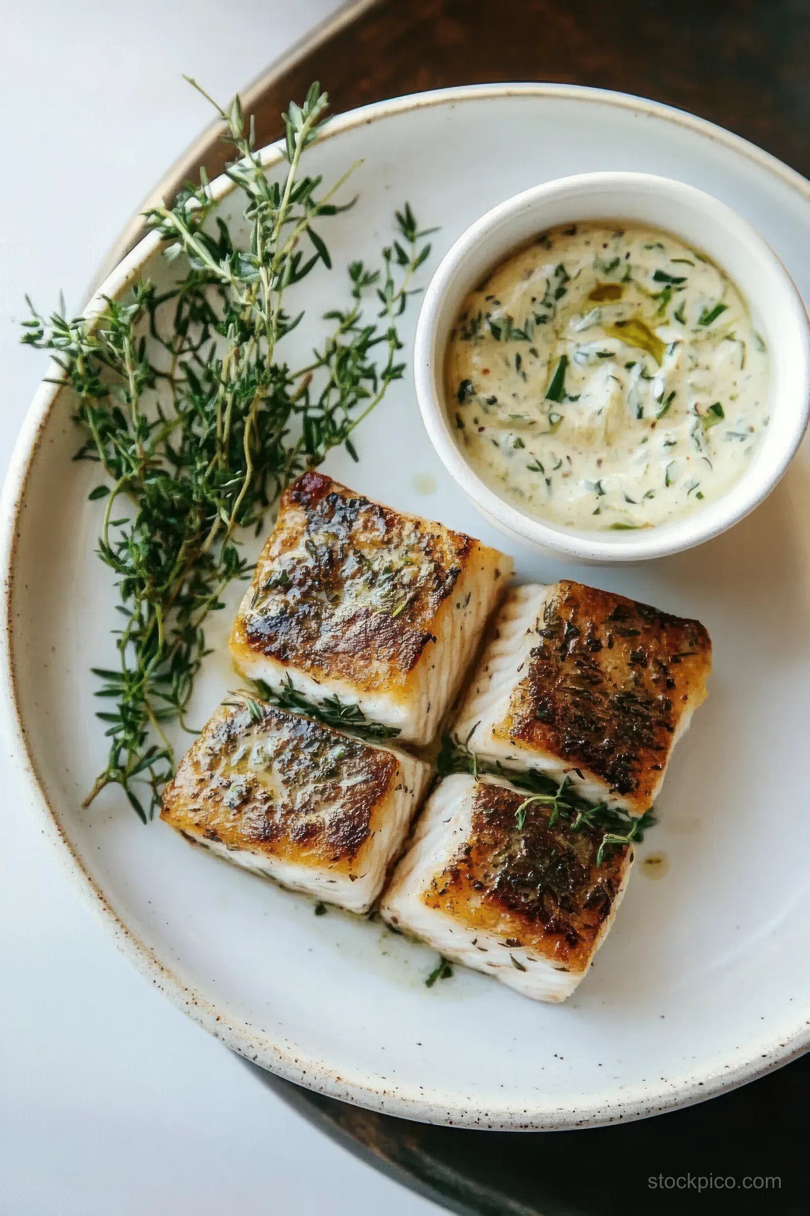 Four pan-seared fish fillets on a white plate with thyme sprigs and a bowl of creamy herb sauce.