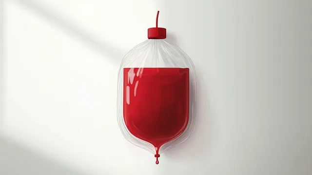 Red blood bag hanging on white background with a red drip and soft shadow