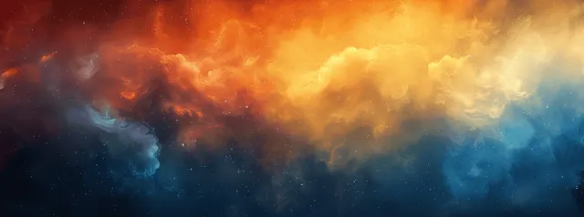Smoky nebula waves in blue, orange, and yellow with grainy glowing haze