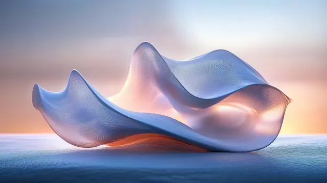 Pastel abstract wave sculptures glowing over a calm ocean horizon with smooth liquid curves