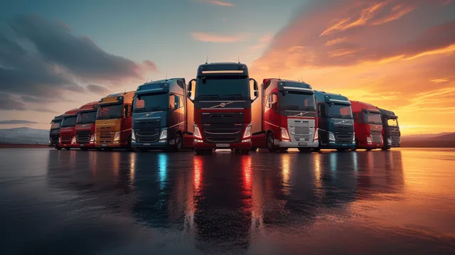 A row of parked trucks on an asphalt lot during sunset, featuring vibrant sky colors and dramatic light reflections.