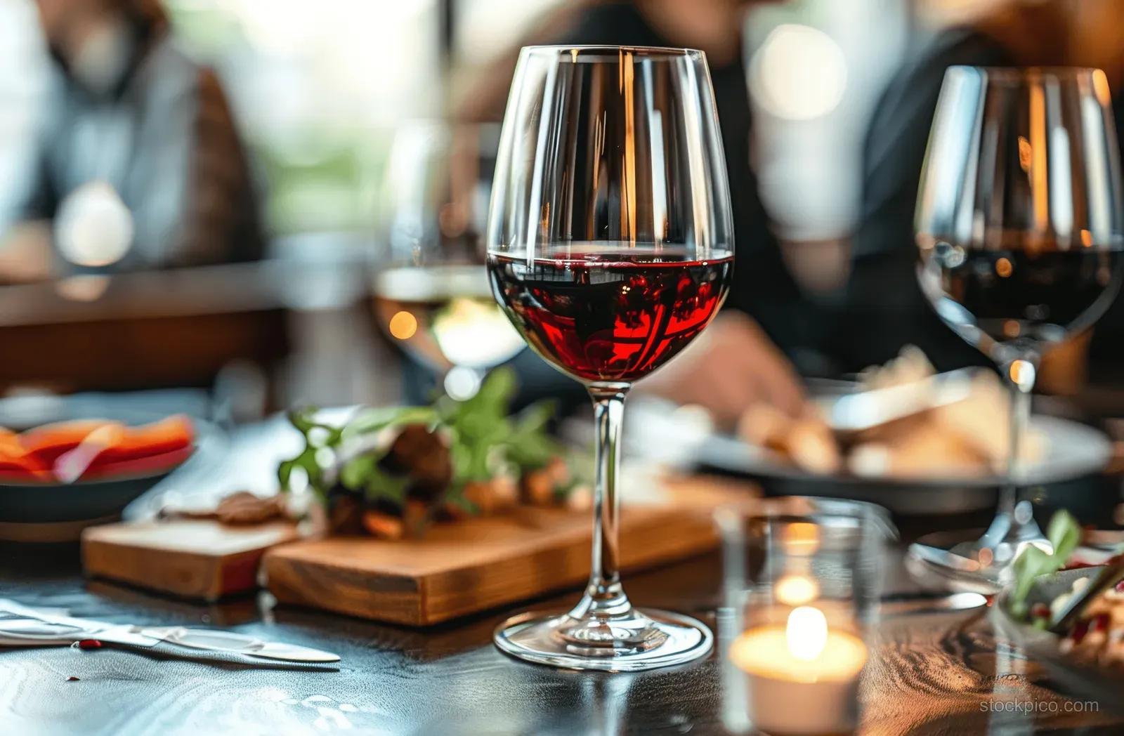 Red wine glasses on a dining table as people toast outdoors in winter under warm candlelight.