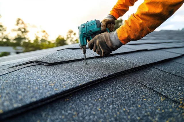 A gloved worker drives a screw into dark asphalt shingles with an electric screwdriver on a sunlit roof.