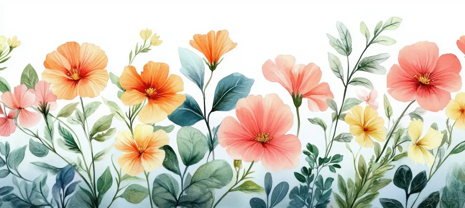 Pastel watercolor flowers and green leaves fill the frame with soft, layered petals and stems.
