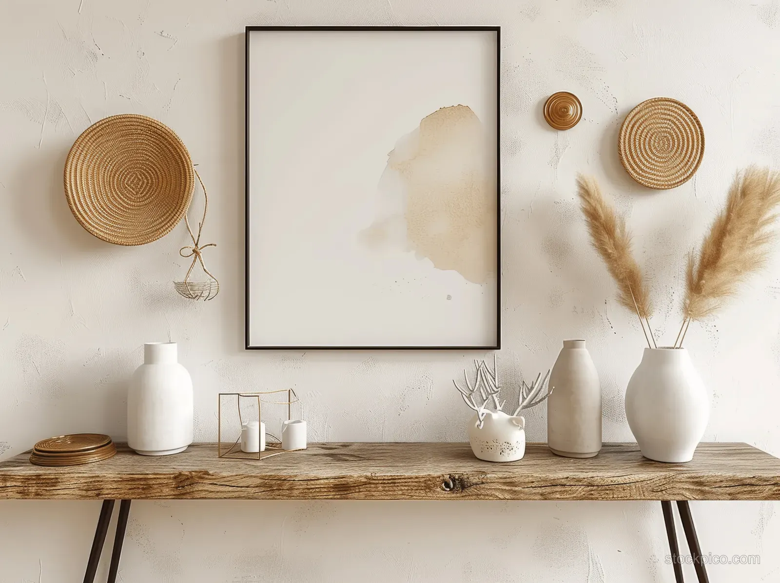 Blank framed poster above a light wooden shelf with white ceramics and dried pampas grass in a minimal Scandinavian interior.