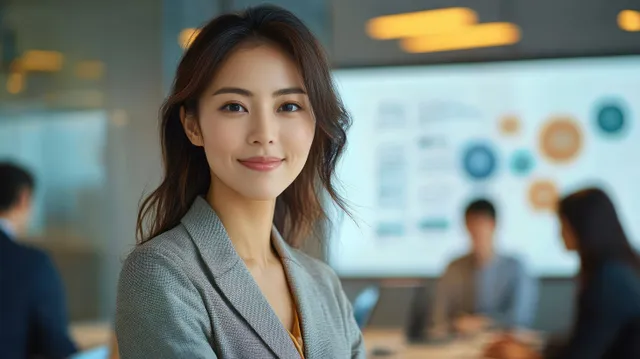 Confident businesswoman smiling in office while colleagues present data on a digital screen
