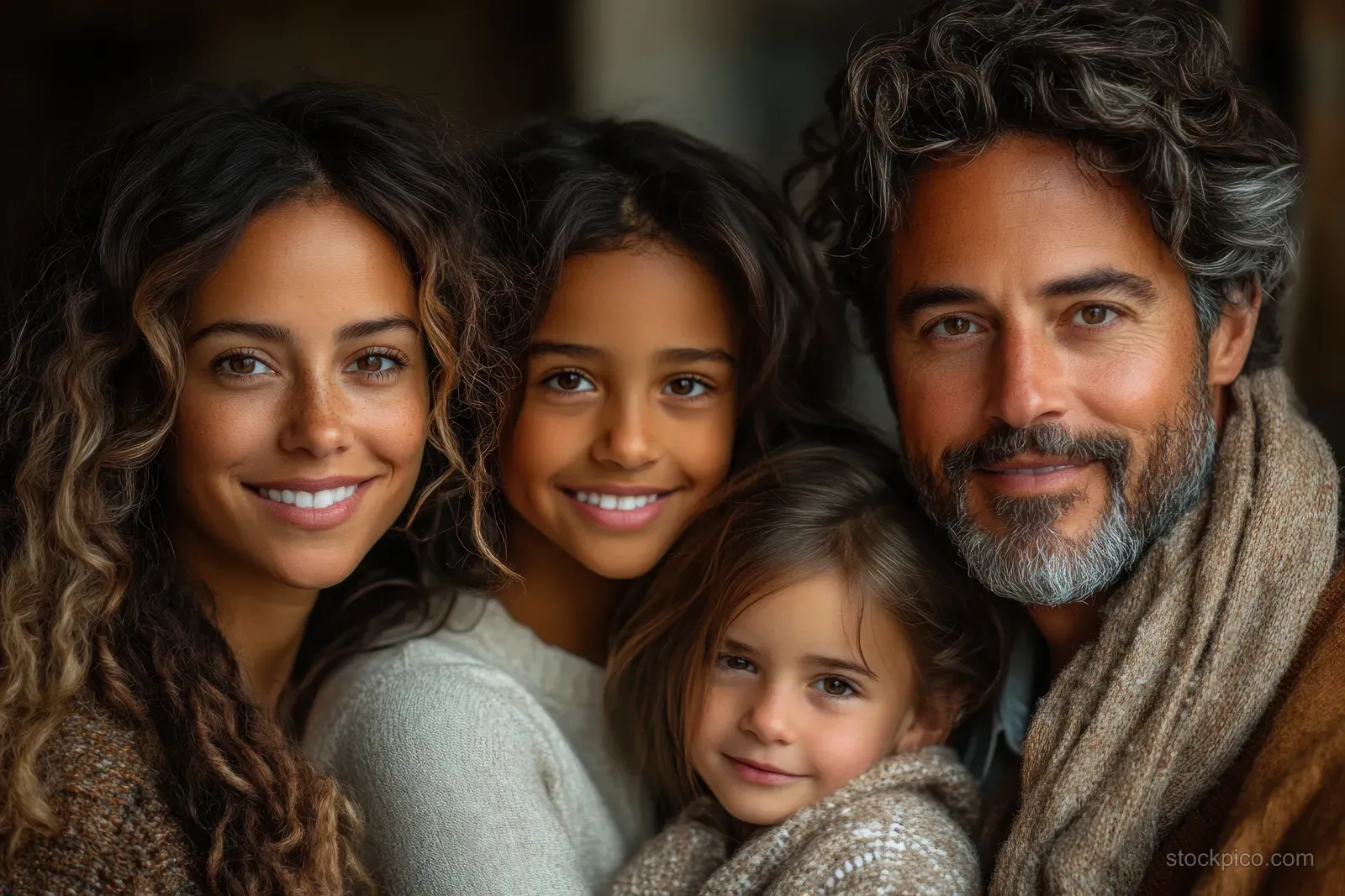 Indian parents and children sit together on a home floor, smiling under warm indoor lighting.