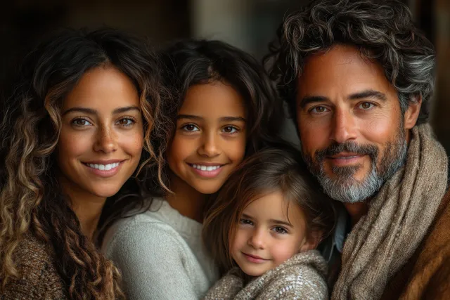 Indian family portrait of young parents with children sitting together at home