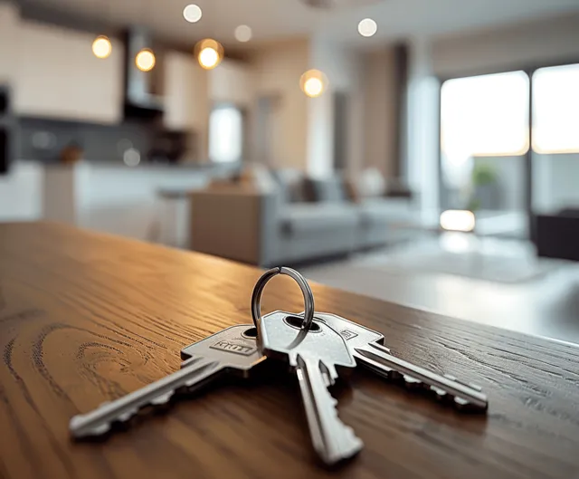 House keys lie on a wooden table in a bright apartment interior near open windows.