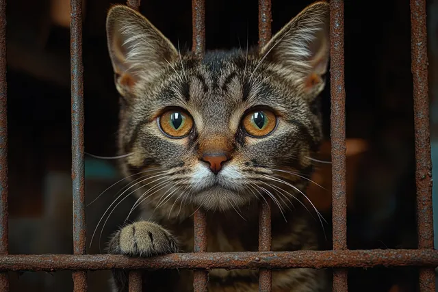 Brown tabby cat behind rusty metal bars, amber eyes staring in dim light
