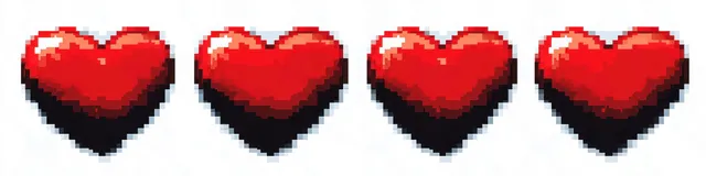 Four red pixel art hearts appear in a row with darker shading on a light background.