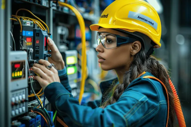 Female electrician testing an electrical control panel with a multimeter in an industrial workshop