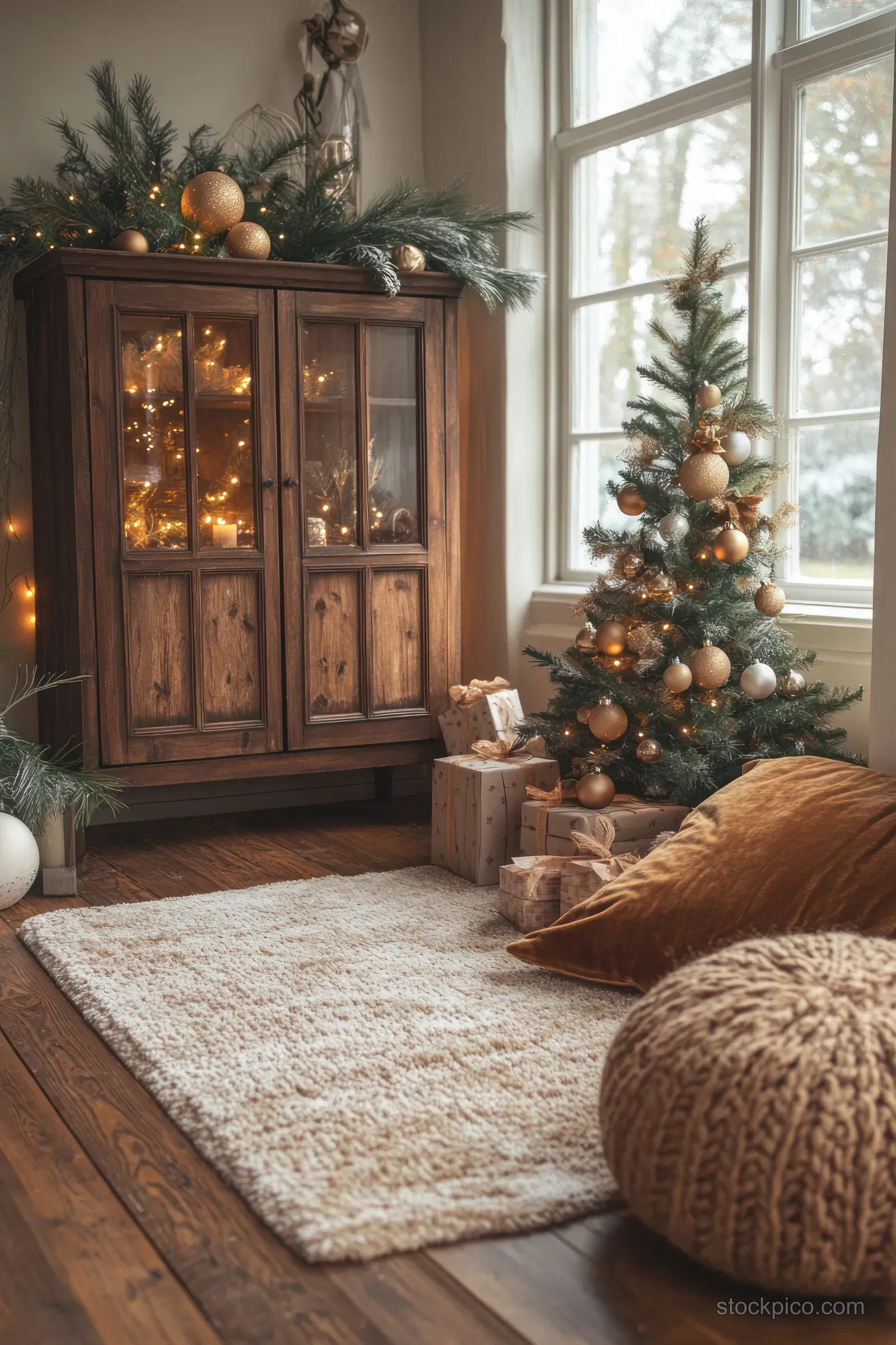 Cozy Scandinavian living room with a lit wooden cabinet, decorated Christmas tree, and warm textiles near a window.