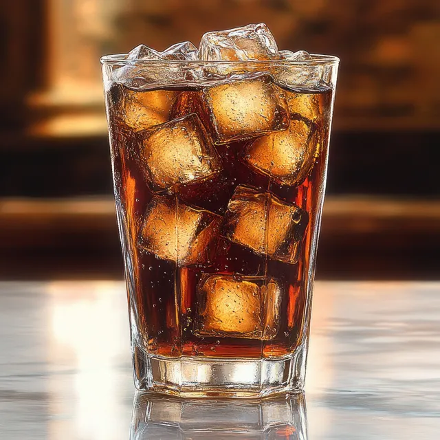 Close-up of cola in a tall glass with ice cubes on reflective surface