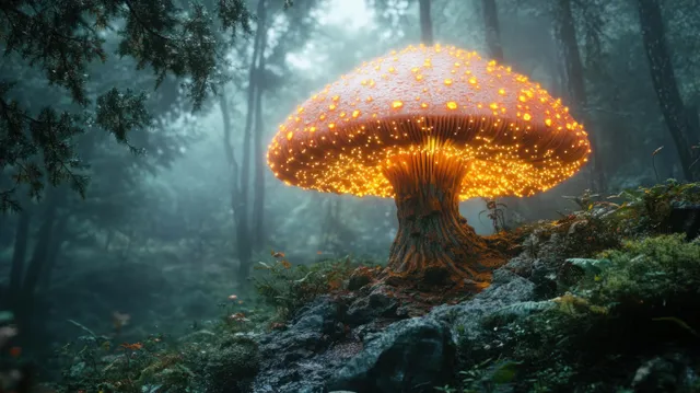 Bioluminescent mushroom tree glowing in misty nocturnal forest with swirling blue light