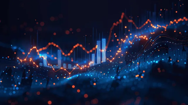 Futuristic stock chart overlay with glowing data points on dark trading dashboard background