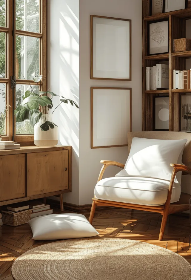 Sunlit living room corner with an armchair and empty wooden framed poster mockups on a blank wall.