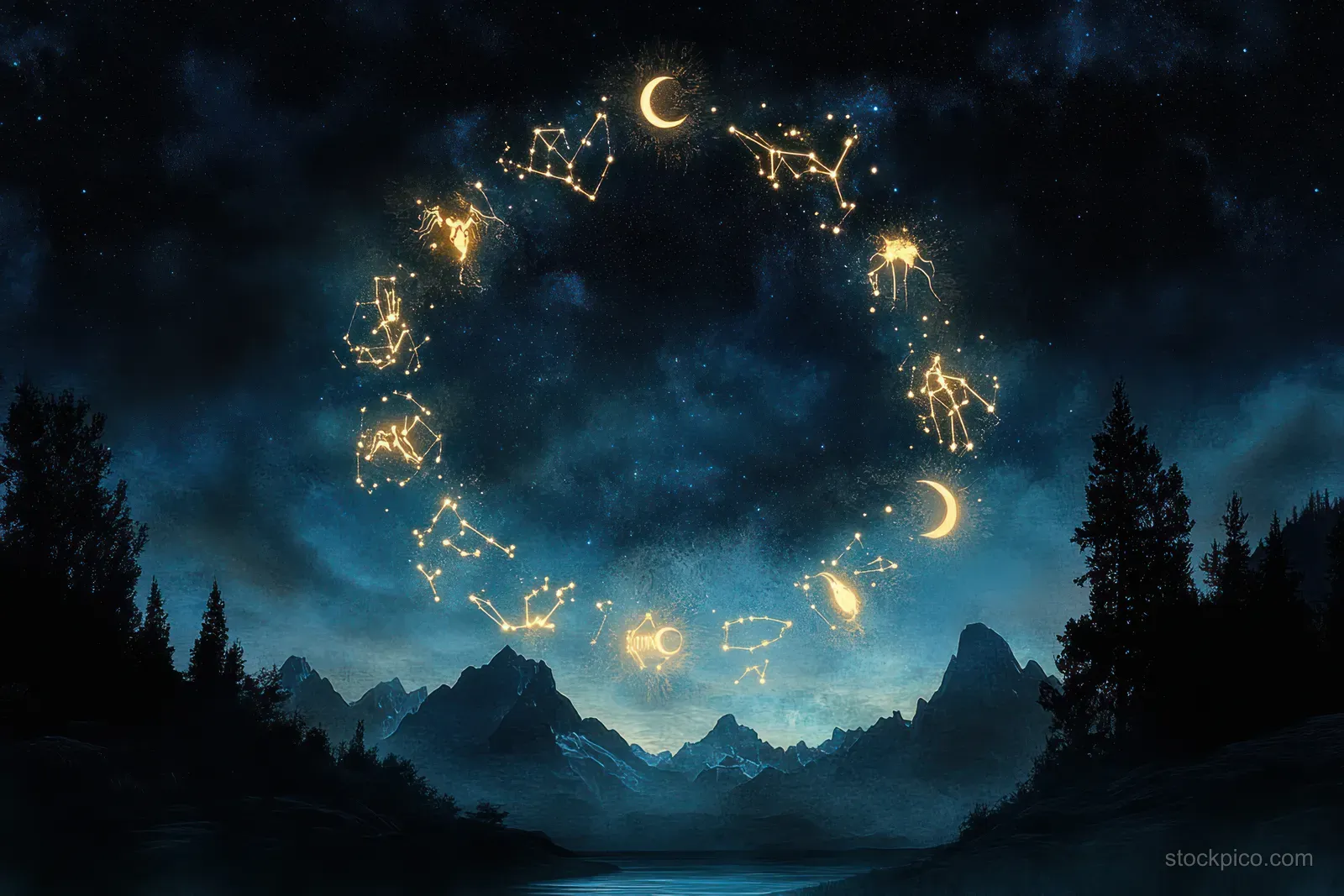 Glowing zodiac constellation symbols hover in a blue watercolor night sky above dark mountains and trees.