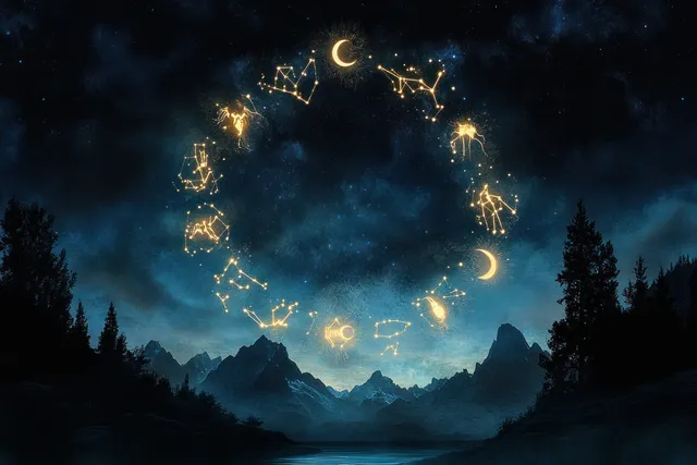 Watercolor night sky with glowing zodiac constellations above dark mountain silhouettes