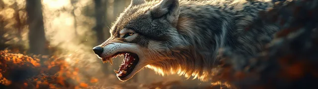 A snarling wolf with bared teeth growls in a golden-hour forest with sunlit fur and sharp focus.
