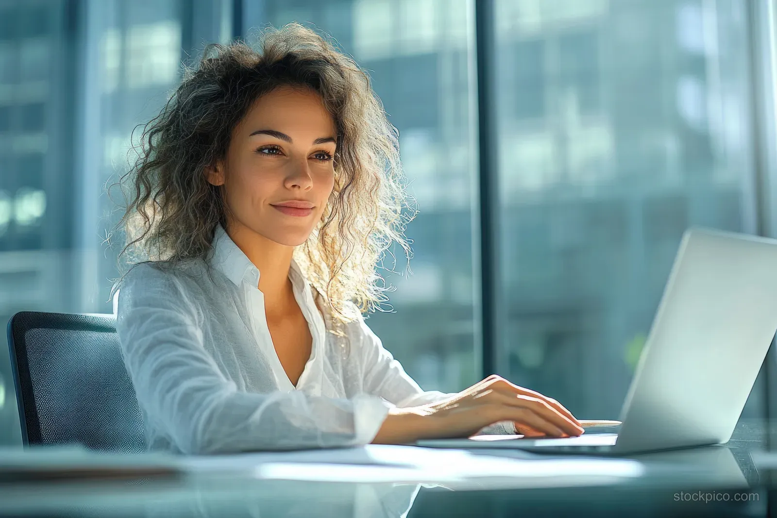 A Latina businesswoman sits at a desk working on a laptop with documents in a bright office.