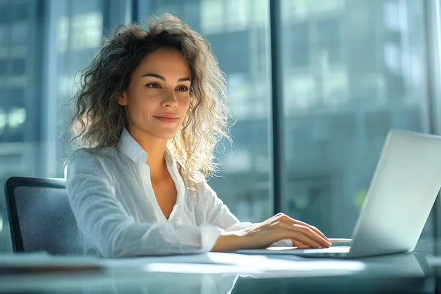 A Latina businesswoman sits at a desk working on a laptop with documents in a bright office.