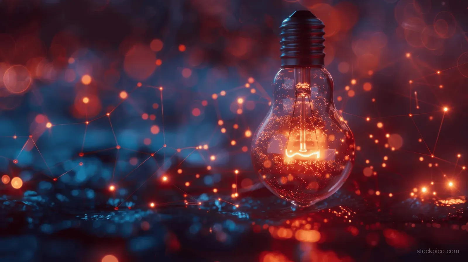 A glowing light bulb floats over colorful digital bokeh sparks in a dark abstract background.