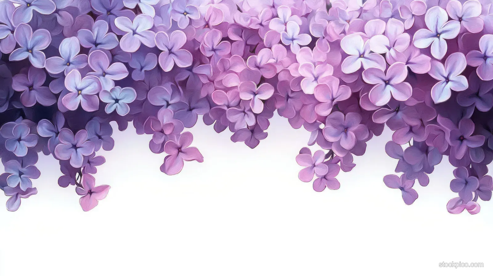 Lilac flower clusters hang downward in lavender and purple tones against a clean white background.