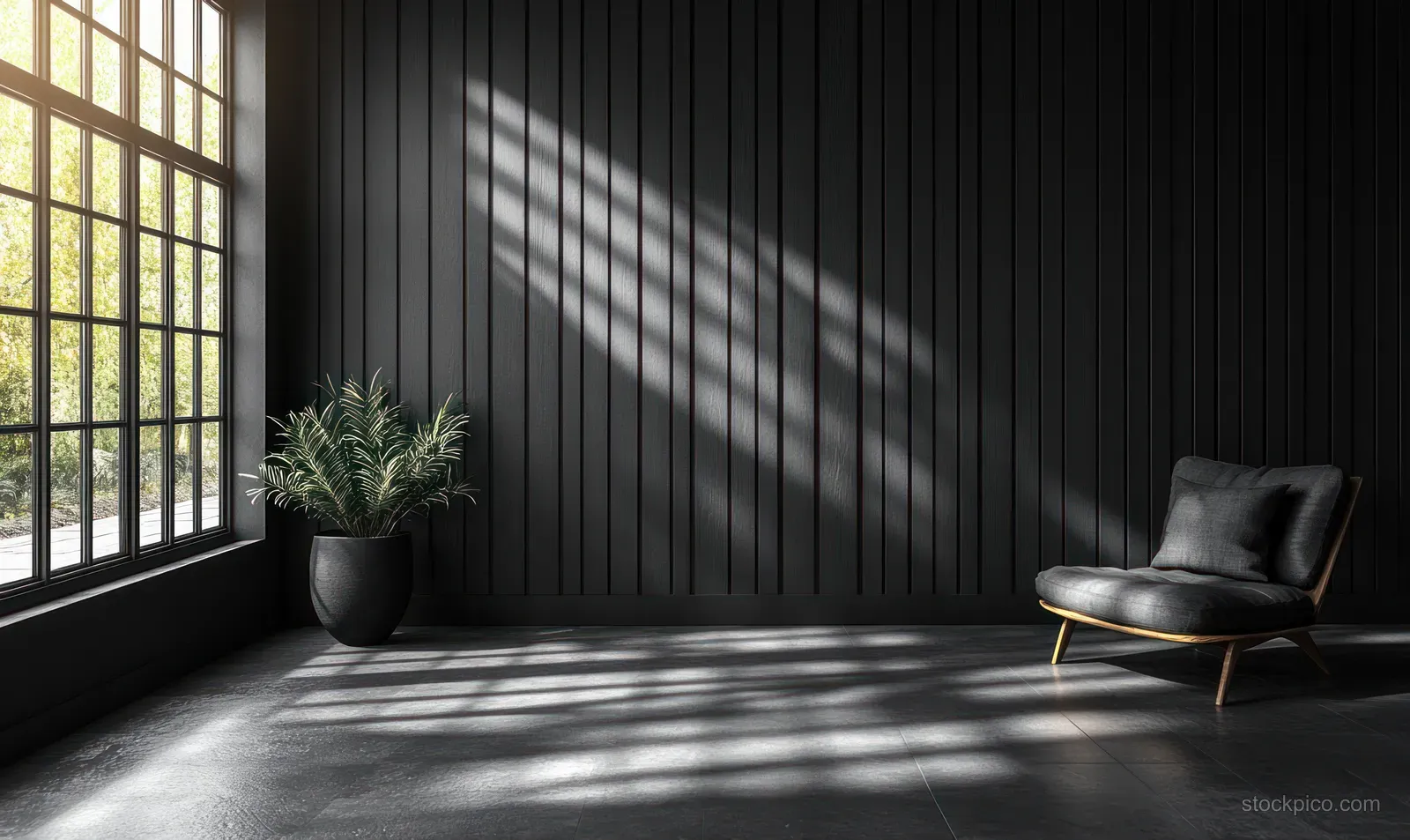 Minimalist lounge corner with a dark striped wall, potted plant, black armchair, and sunlit window shadows.