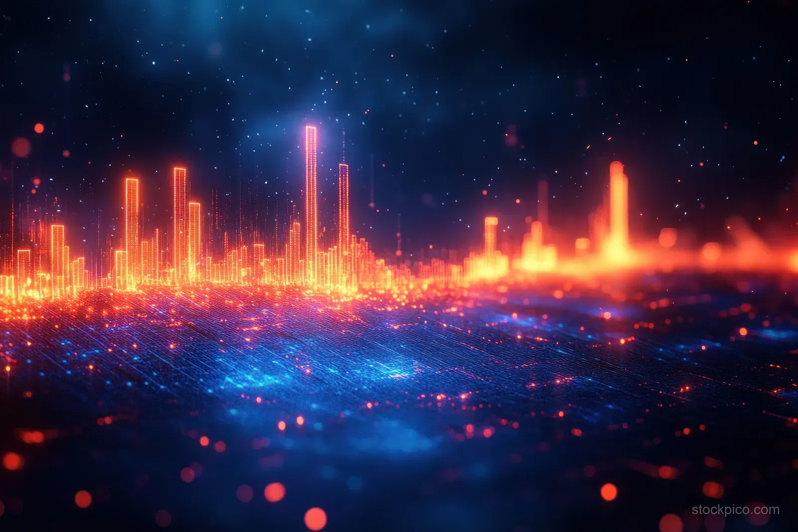 Glowing candlestick downtrend chart overlays a night skyline with floating data points and neon light trails.
