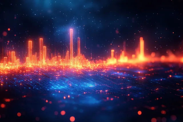 Downtrend candlestick chart over glowing financial skyline at night, digital finance concept