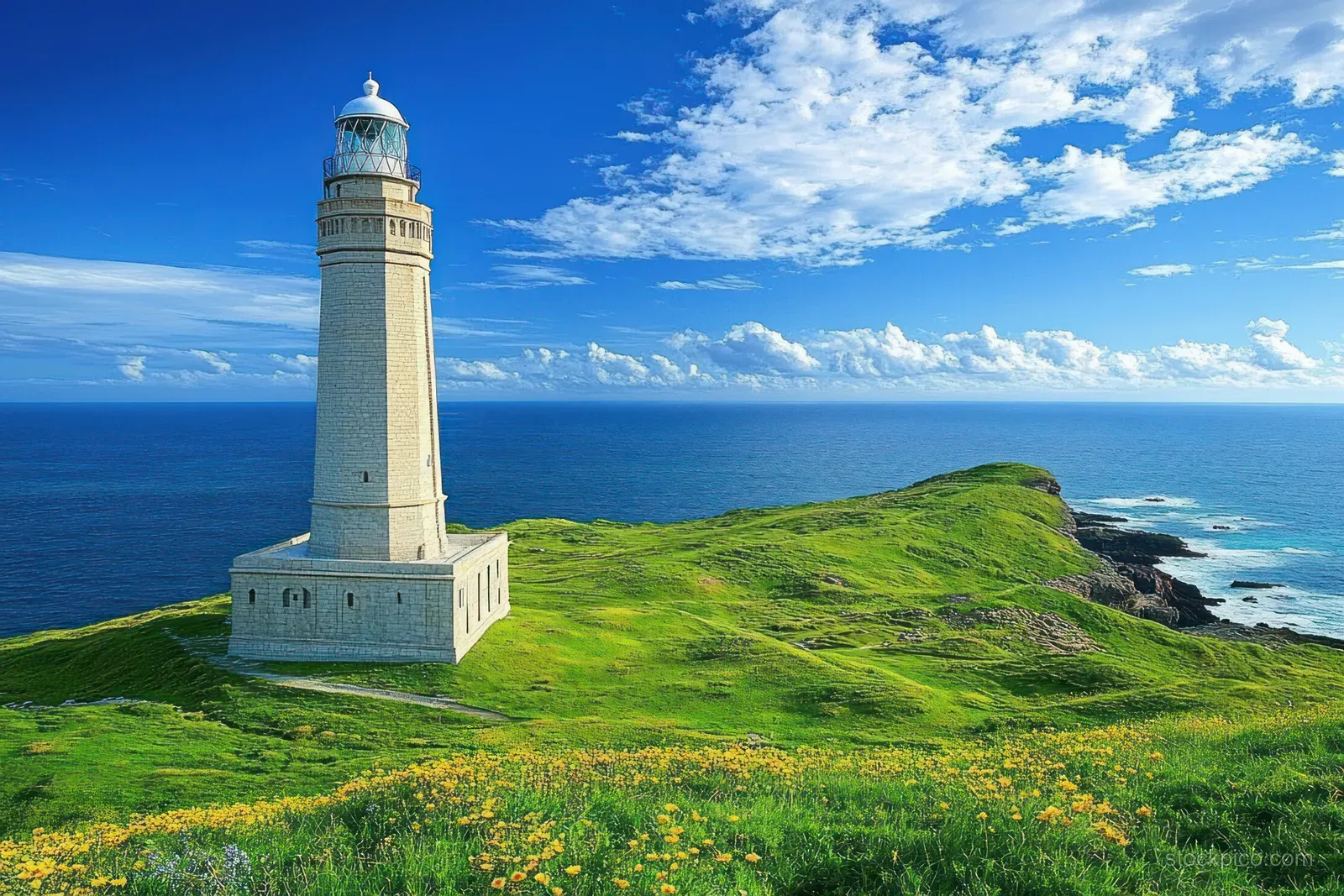 An ancient white lighthouse stands on a grassy coastal hill overlooking the Atlantic Ocean and rugged shoreline.