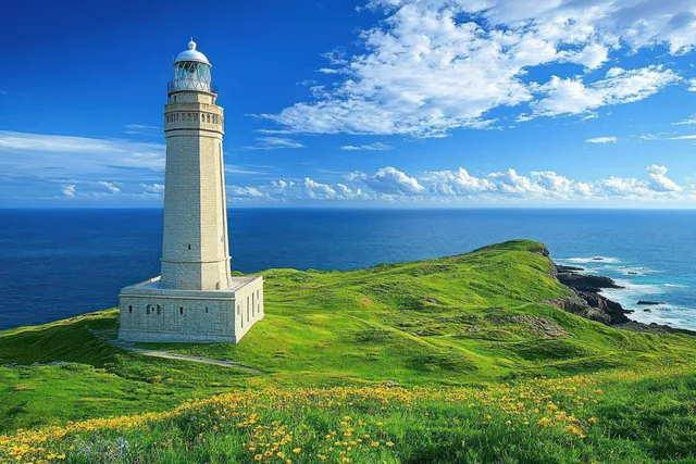 An ancient white lighthouse stands on a grassy coastal hill overlooking the Atlantic Ocean and rugged shoreline.