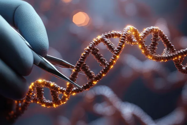 A gloved hand holds tweezers while adjusting an illuminated DNA double helix strand in a laboratory scene.