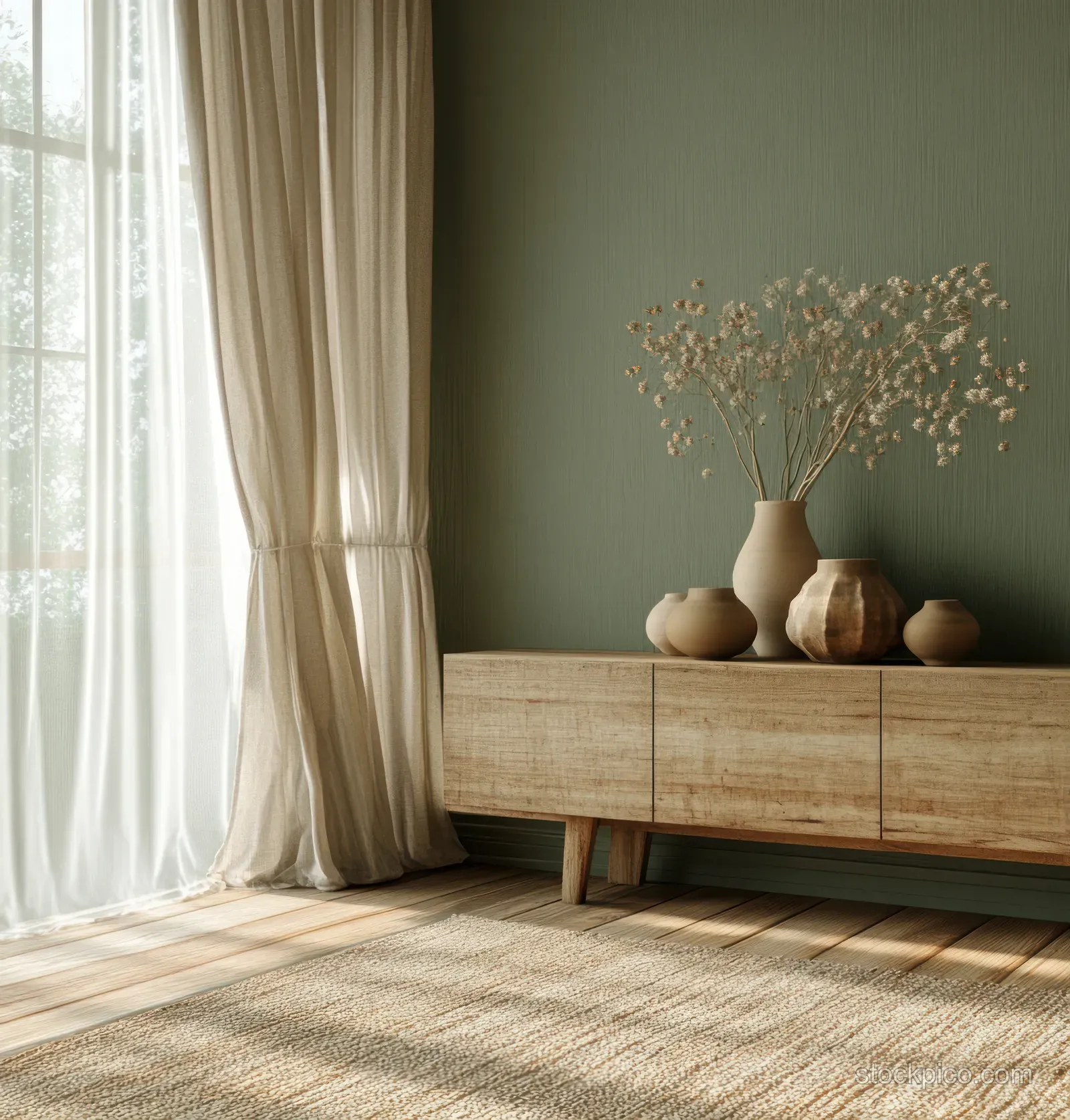 Minimalist living room corner with olive green wall, wooden sideboard, vase decor, and sheer curtains letting in daylight.