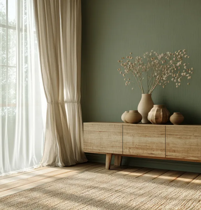 Minimalist living room corner with olive green wall, wooden sideboard, vase decor, and sheer curtains letting in daylight.