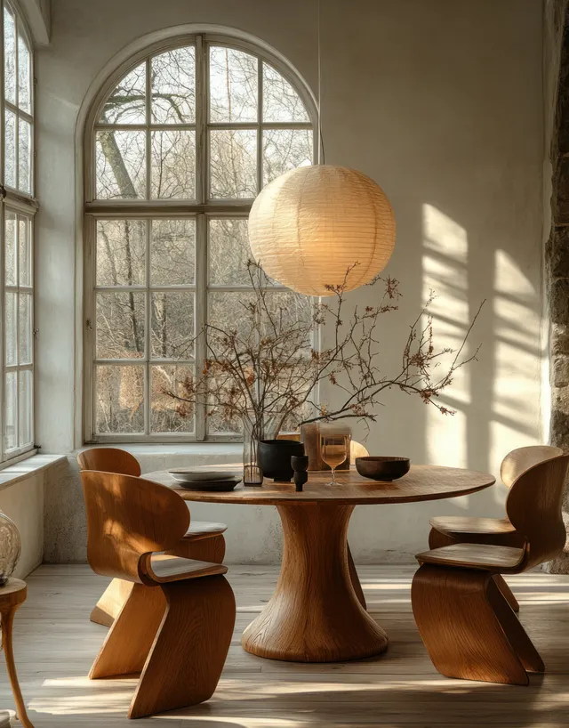 Minimal dining room with arched windows, wooden round table, leather chairs, and warm sunlight shadows.
