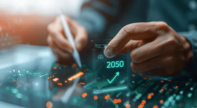 Hands adjusting a digital 2050 carbon arrow chart with glowing green indicators