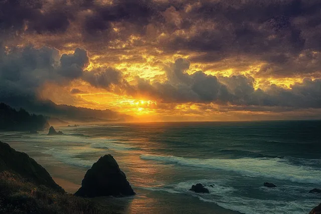 Waves crash against dark rocks on a rocky coastline under a glowing orange sunset and stormy clouds.