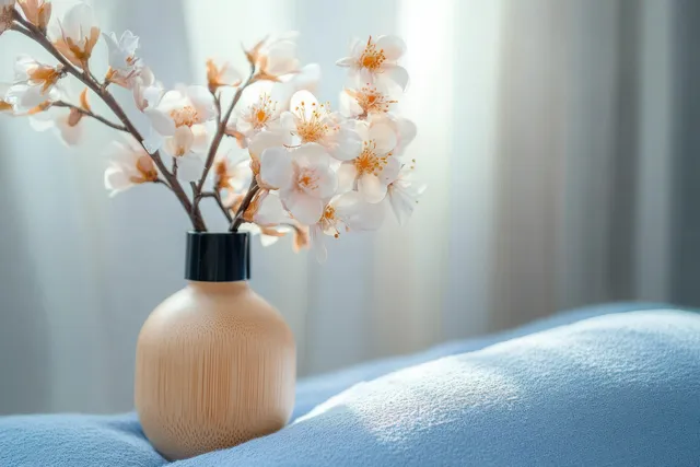 A quiet clinic room with a blue treatment couch and a vase of white blossoms near a bright window.