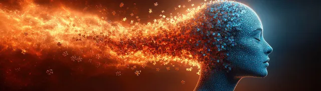 A blue puzzle-piece human profile breaks apart into fiery sparks and ember particles on a dark background.