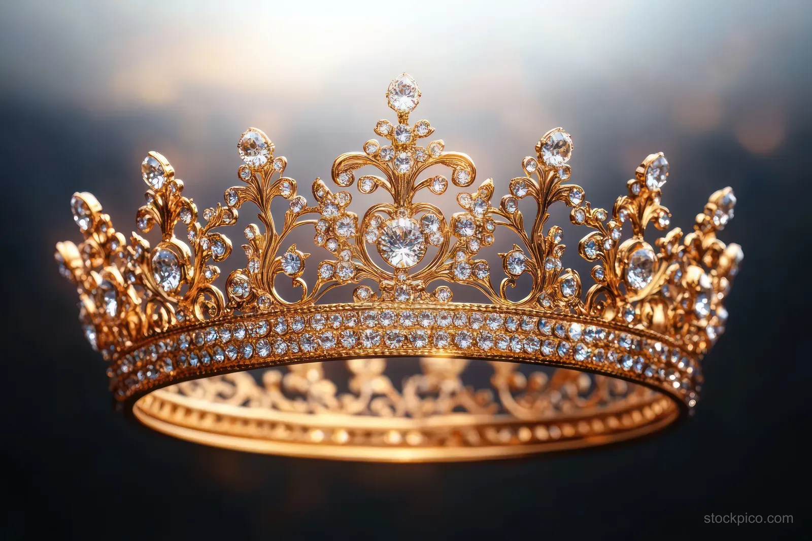 Golden ornate diamond crown centered against a blurred dark background with sparkling highlights.