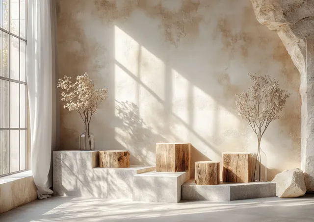 Geometric wooden blocks and concrete steps still life in a sunlit minimal room