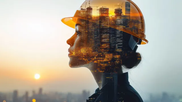Construction worker profile in a safety helmet blended with a dawn city skyline in warm golden light.