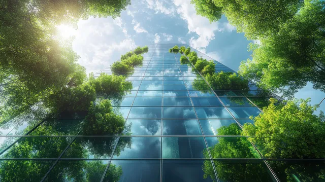 Reflective glass skyscraper rising above green trees and foliage under a bright sky.