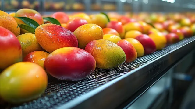 Ripe mangoes with water droplets arranged on a conveyor belt in a food packing line.